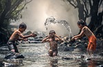 children, river, bathing